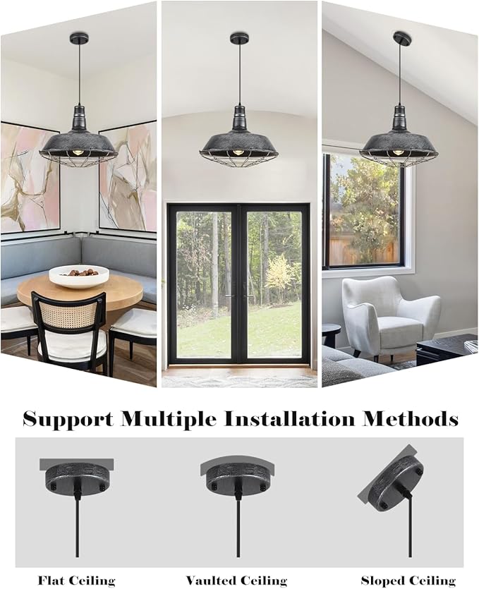 Large Farmhouse Pendant Lights 2 Pack, 18.1 Inch Oversized Industrial Pendant Light, Black and Silver Barn Pendant Light with Wire Cage, Island Pendant Lights for Kitchen Barn Warehouse