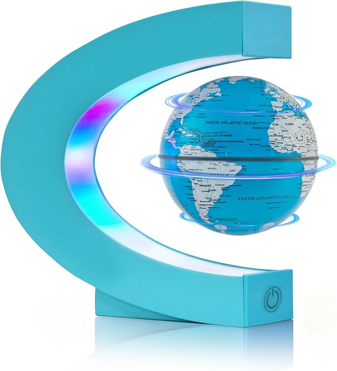 Flagest Magnetic Levitation Floating Globe, Levitating C Shape Globe with Cyan Frame and LED Lights for Education Home Office Desk Decor, Holiday Anniversary Creative Gift(3.3 Inches)