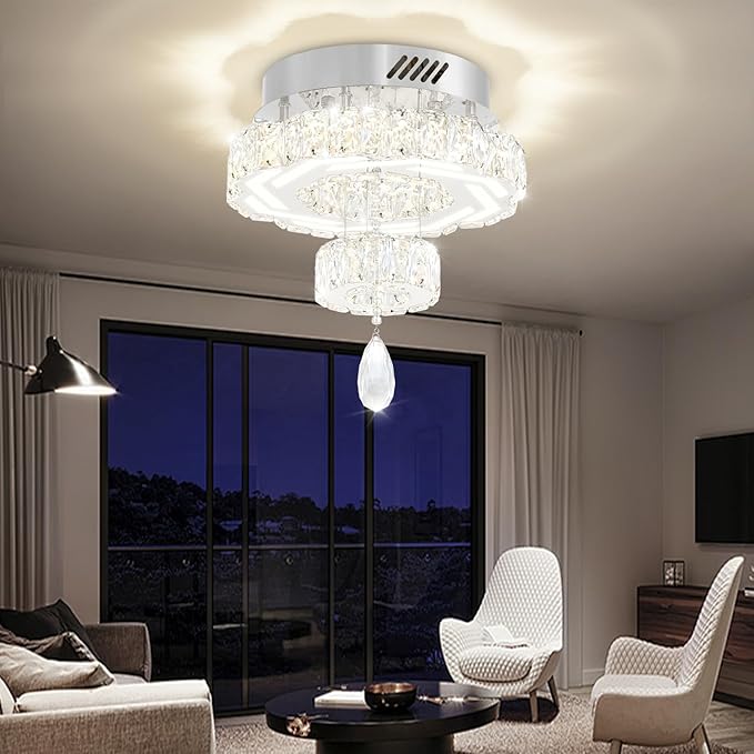 Flashing God 12" Modern Crystal Chandeliers Silver Flush Mount Ceiling Chandelier Mini Chandelier for Hallway LED Dimmable Crystal Pendant Light for Dining Room Living Room Bedroom