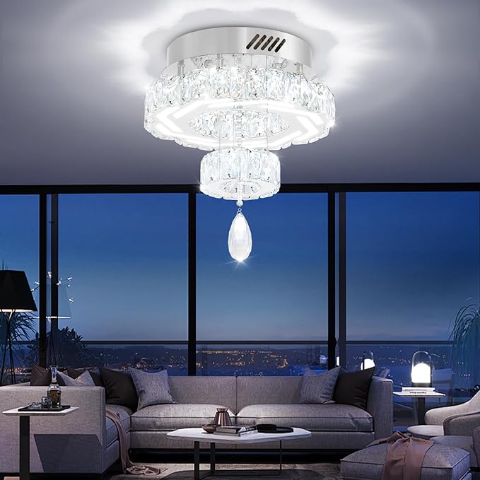 Flashing God 12" Modern Crystal Chandeliers Silver Flush Mount Ceiling Chandelier Mini Chandelier for Hallway LED Dimmable Crystal Pendant Light for Dining Room Living Room Bedroom