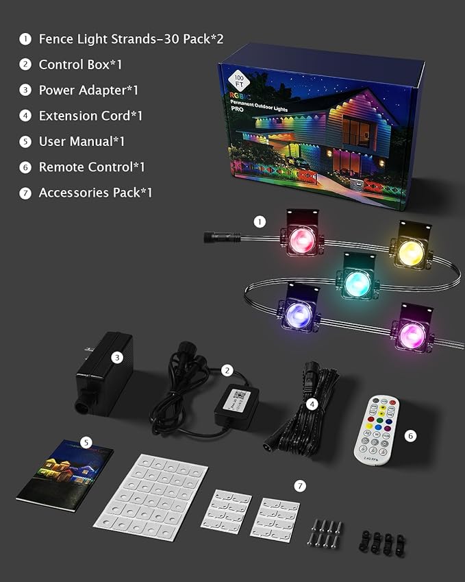 Permanent Outdoor Lights Pro,100ft RGB+IC Smart Outdoor Decor,App/Remote,Christmas,Halloween,Multi Scene Modes,IP67 Waterproof,Eaves Light with Daily & Holiday Party Decor,House Roof Lighting