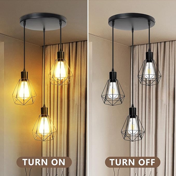 3-Light Pendant Light Fixtures, Adjustable Farmhouse Hanging Light Fixtures with E26 Base, Industrial Vintage Ceiling Lamp for Kitchen Island, Dining Room & Hallway