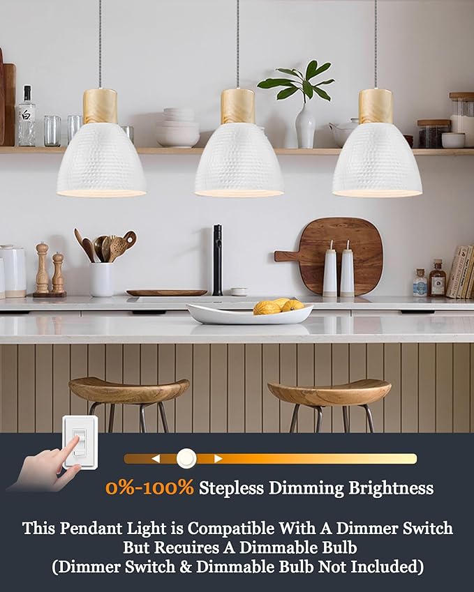 ELYONA 3 Pack White Hammered Pendant Lights for Kitchen Island 7” Nordic Solid Wood Hanging Light Fixtures, Modern Metal Pendant Light Fixtures for Bar, Dining Room, Bedroom, Hallway, Office, Small