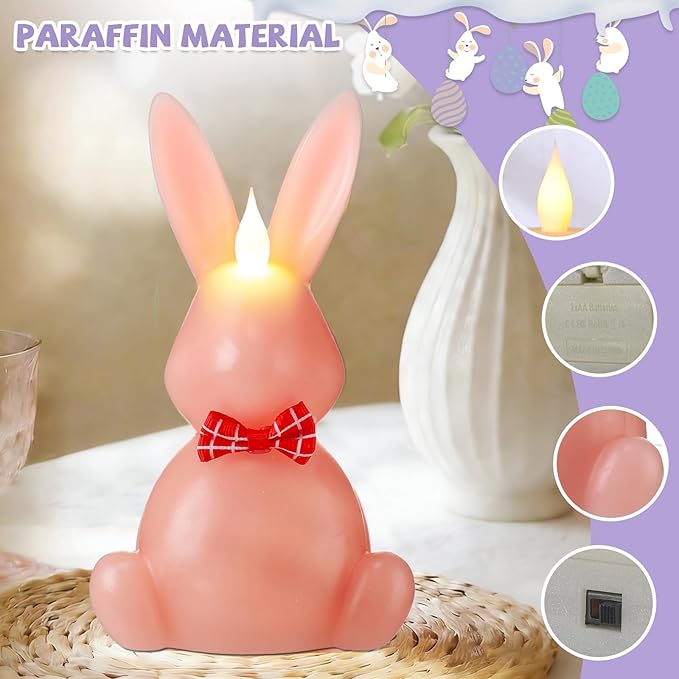 3PCS Easter Bunny Flameless Candles - LED Easter Candles Battery Operated with Remote Timer Rabbit-Shaped Real Wax Pink Purple Green, Spring Party Decoration Centerpiece Table Home Decor