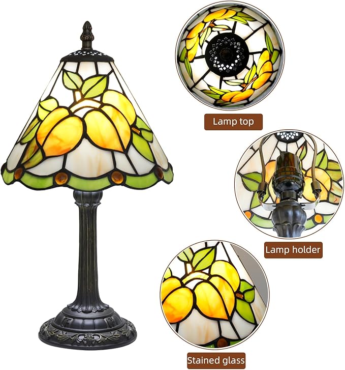 Small Tiffany Lamp Stained Glass Lamp Yellow Apricot Fruit Decor Table Lamp for Living Room Corner Side Kitchen Bedroom Bedside Coffee Shops Home Office 8 Inch 90s 80s Vintage Style Desk Lamp