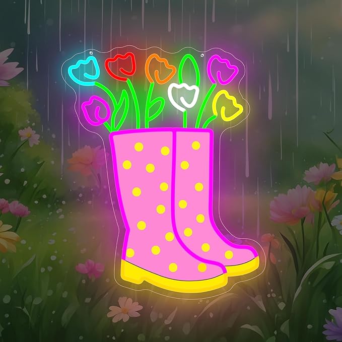 Spring Tulips Rain Boots Neon Sign Dimmable Flower Neon Lights Polka Dot Boot Tulip Light Up Sign Easter Led Wall Art Spring Decorations for Office Home Garden