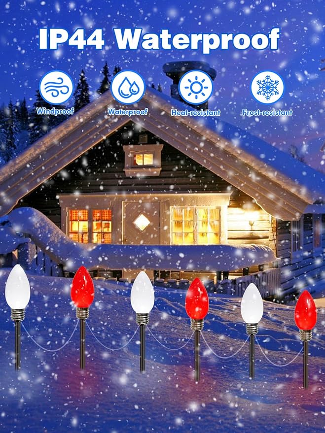 12 Pack Large C9 Christmas Decorations Outdoor, Waterproof C9 Christmas Lights Plug in with 2 Modes and Timer, Pathway Light for Party Indoor Yard Patio Walkway Garden Xmas Decoration (Red and White)