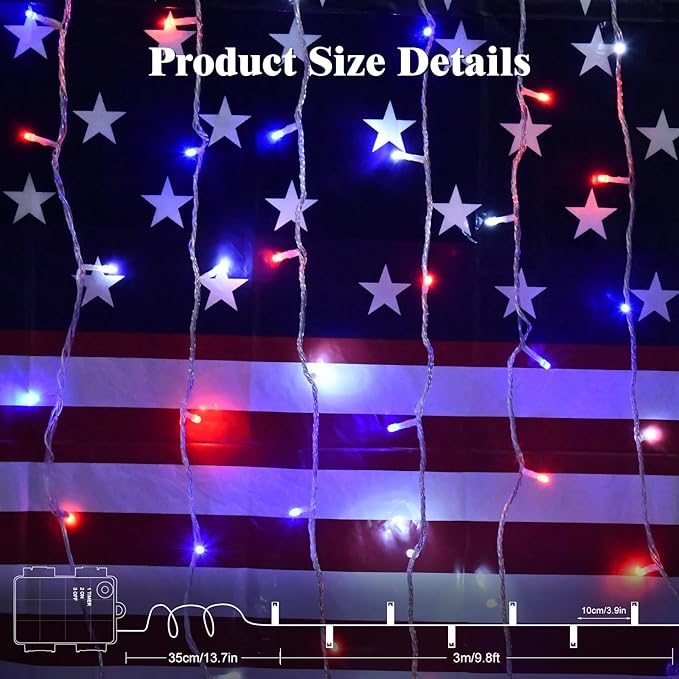 Red White and Blue Lights Battery Operated, 4th of July Lights with Timer Outdoor Waterproof 9.8ft 30 LED for 4th of July Independence Day Decorations Garland Party Garden 2 Packs