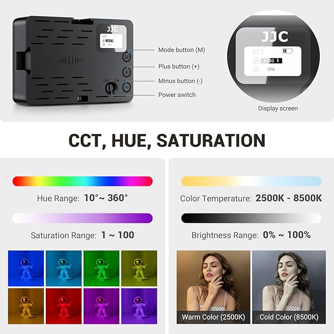 JJC RGB Video Light, 360°Full Color 24 Effects 2600mAh Rechargeable 2500-8500K Magnetic LED Camera Light, 1/4" Screw Mount Cold Shoe Light, Portable Light for Photography Video Streaming