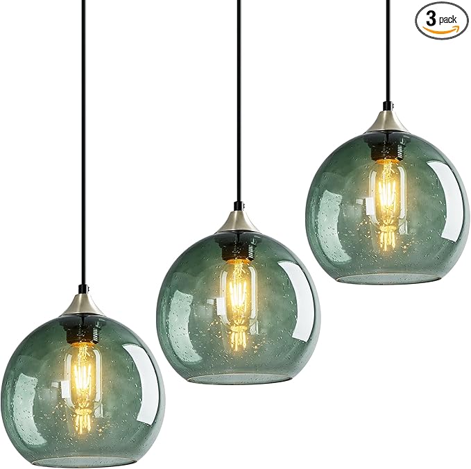 Gray Green Glass Pendant Lights Kitchen Island Lighting Globe Pendant Light Fixtures Modern Pendant Lighting for Kitchen Island Bedroom Living Dining Room Light Fixture(7.87in, 3-Pack)