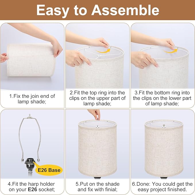 Tall Drum Lamp Shades Set of 2, 10"Top x10" Bottom x 13"High, Beige Lampshade for Table Lamp Floor Lamp, Replacement Lampshades Natural Linen Handcrafted, Spider, Harp Holders Included, Easy Assembly