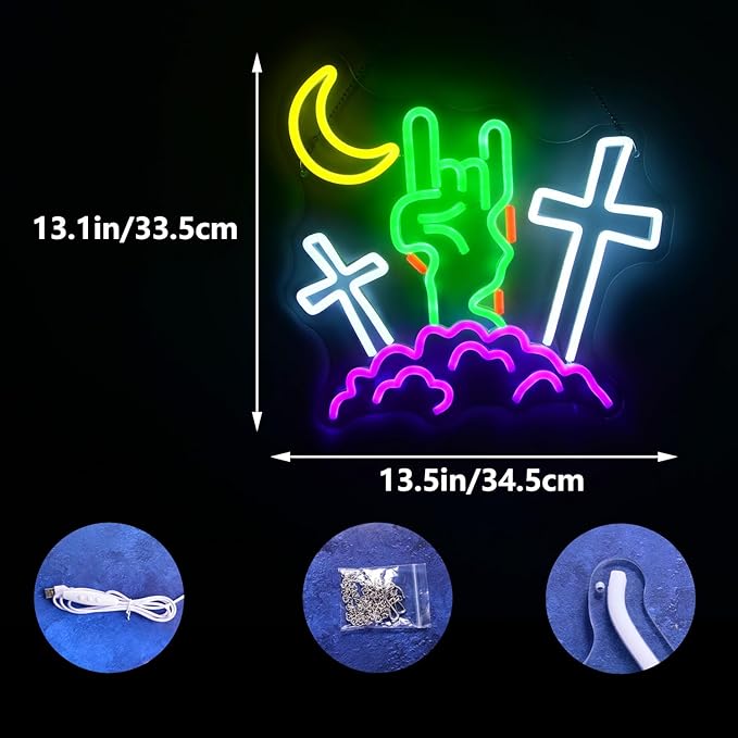 Halloween Devil Neon Sign Rock Gesture Cross With Moon and Cloud Neon LED Lights Zombie Spooky All Saints' Day Wall Neon Lamp for Halloween Party Bedroom Home Bar Pub Amusement Park Decor