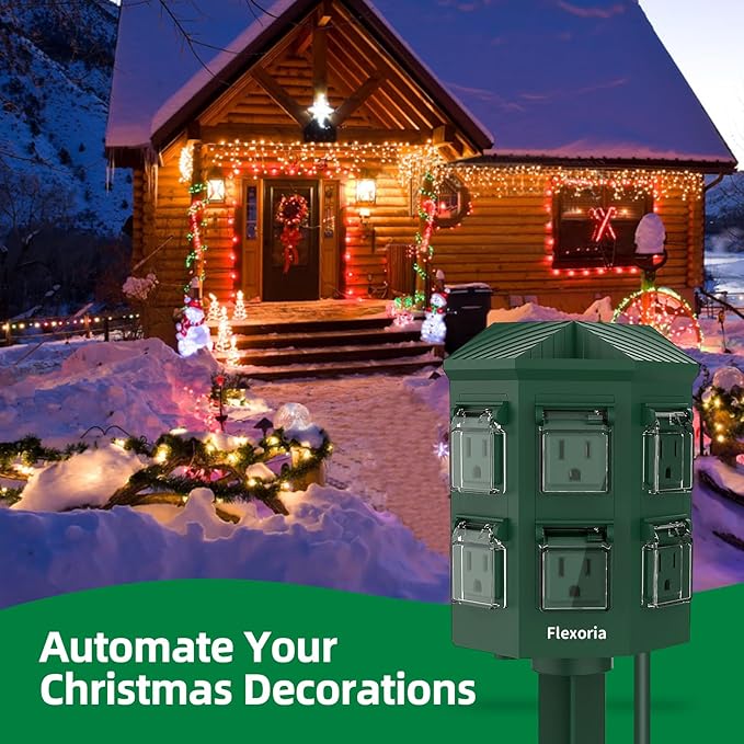 Outdoor Power Strip Timer Waterproof, Dusk to Dawn Light Sensor Countdown, 50 Feet Extension Cord, 6 Grounded Outlets for Christmas Decorations, ETL Listed