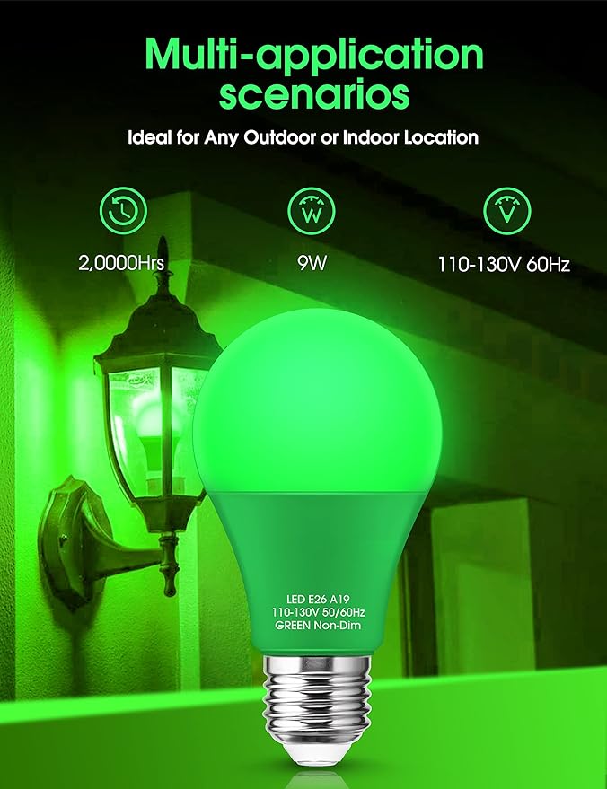 Green Light Bulb【 4 Pack】, 9W (60W Equivalent) A19 Green Light Bulbs, E26 Base Non-Dimmable,720LM 120V Porch Light, LED Colored Light Bulbs for Christmas Decor Party Holiday Lighting