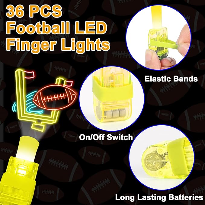 36Pcs Football LED Finger Lights Sport Party Favors Glow in the Dark Light Up Finger Lights Rugby Themed Toys Bulk for Birthday Party Goodie Bag Stuffer Birthday Gifts Prize