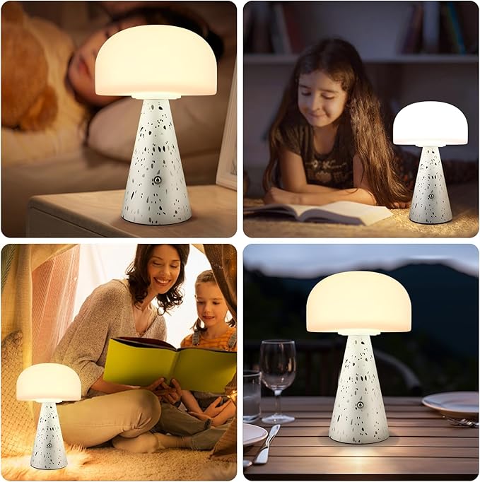 Levigo Cute Mushroom Table Lamp with Touch Switch, Natural Style Portable Cordless LED Dimmable Soft Light Lamp (Black)
