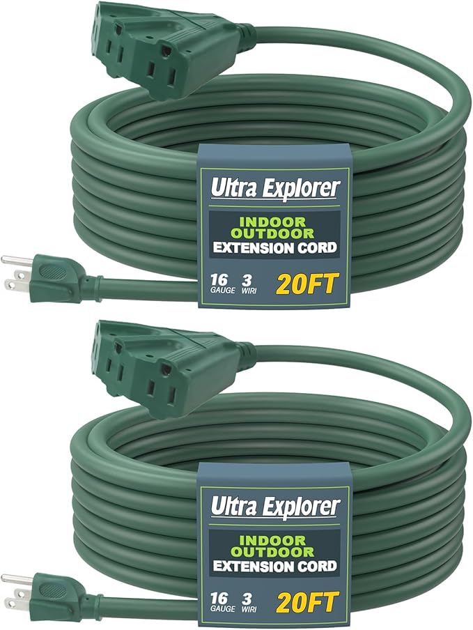 20 Ft 2 Pack Indoor Outdoor Extension Cord with 3 Electrical Power Outlets - 16/3 SJTW Long-Lasting Green Cable with 3 Prong Grounded Plug