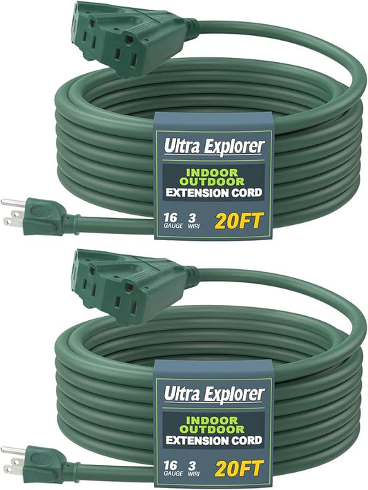 20 Ft 2 Pack Indoor Outdoor Extension Cord with 3 Electrical Power Outlets - 16/3 SJTW Long-Lasting Green Cable with 3 Prong Grounded Plug