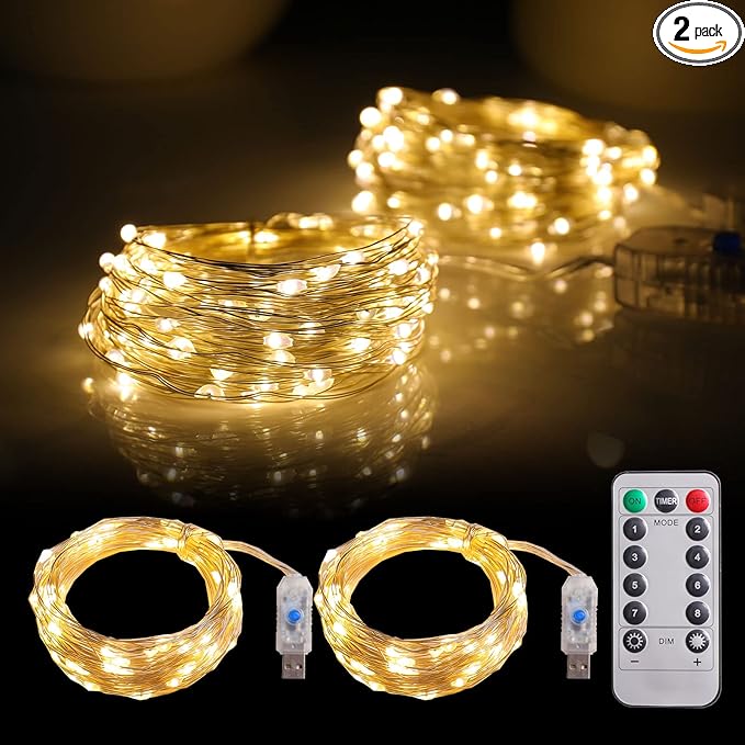 mandiq 2 Pack Fairy Lights 100 LED 33 FT Christmas Lights USB Powered Silver Wire String Lights, Mini Lights with Remote Control are Suitable for Home Decorations (Warm White)