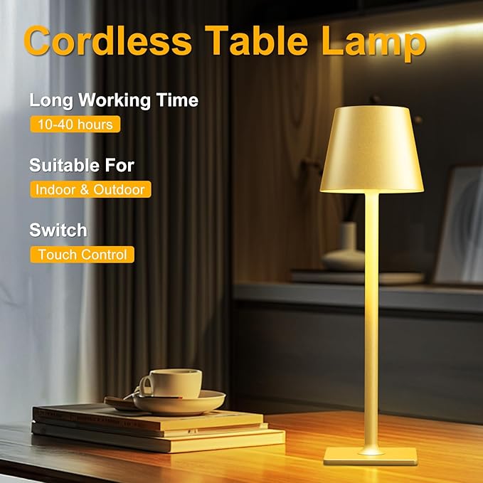 4 Pack Gold Cordless Table Lamp: 6000mAh Battery Operated Touch Lamp Outdoor Table Lights, 3 Color Stepless Dimming, Waterproof Wireless Portable Desk Lamp for Indoor Table Living Room Camping Cafe