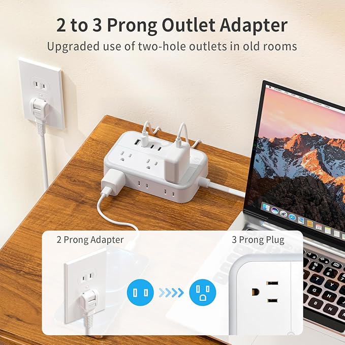 NTONPOWER 2 Prong Extension Cord 25 FT, Power Strip with 6 Outlets 4 USB Ports(2 USB C), 1875W Three Prong to Two Prong Adapter, Rotating Flat Plug, Ideal for Old House