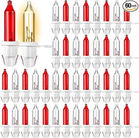 Mudder 60 Count Christmas Replacement Mini Light Bulbs with Base Christmas Tree Incandescent Wire String Lights Replacement Bulbs for Xmas Indoor Outdoor Decoration (Red and Warm White,12vx0.08a)