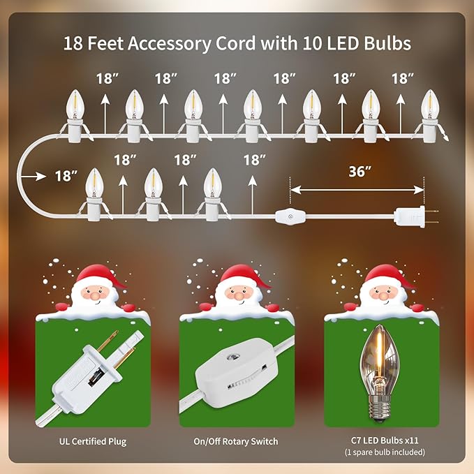 SURAIELEC 18ft Accessory Cord With 10 LED Bulbs, Christmas Village Lights With Switch, C7 Cord for Holiday Decorations, Craft Projects, Blow Light Replacement, UL Listed