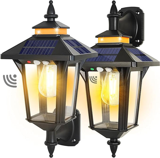 2 Pack Solar Wall Lantern Lights Outdoor with 3 Lighting Modes, Motion Sensor Wall Sconce, Dusk to Dawn LED Exterior Front Porch Lights Fixtures Wall Mount Waterproof for Garage House Doorway Yard