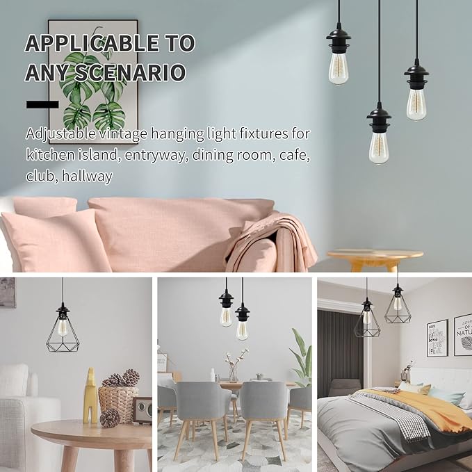 Industrial Mini Pendant Light Kit, Edison Retro Pendant, UL E26 Lamp Socket Vintage Pendant Light Cord, Mini Ceiling Hanging Light Fixtures, Adjustable Hanging Light Kit for Kitchen（Black）