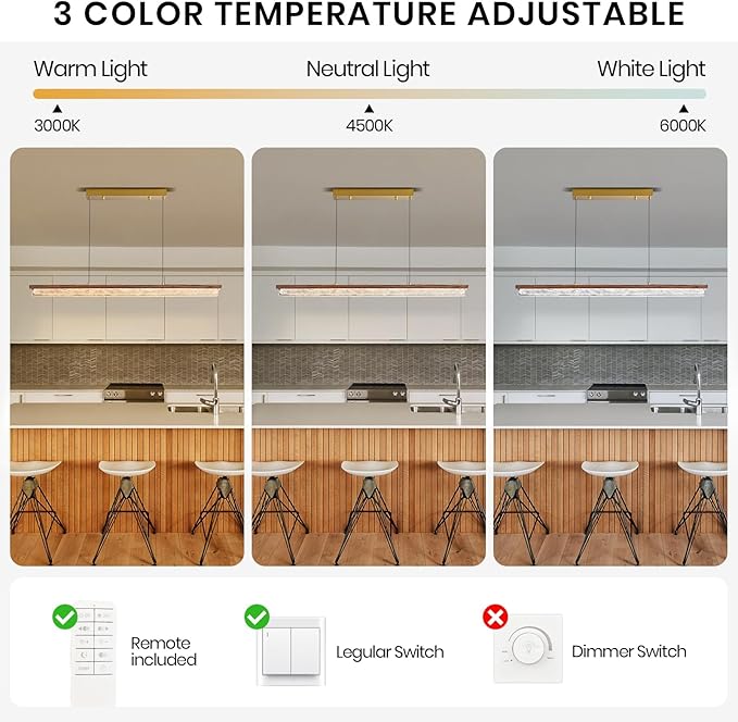 Wood Linear Chandelier,Dimmable Kitchen Island Lighting with Remote,Modern LED Pendant Light Fixture for Dining Room Over Table,Walnut Linear Chandeliers for bar,Living Room,Pool Table, 3000K-6000K.