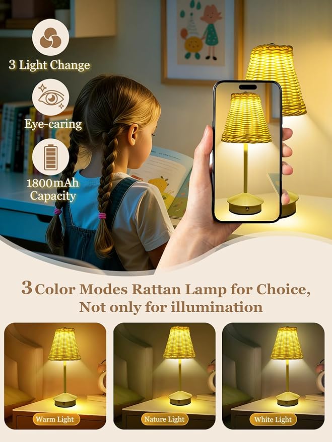 Boho Rattan Table Lamp, Cordless Wicker Woven Vintage Table Lamp - LED Rechargeable Touch Control 3 Color Dimmable Reading Bedside Lamp for Bedroom Living Room Office, Home Outdoor Decor (White-4)