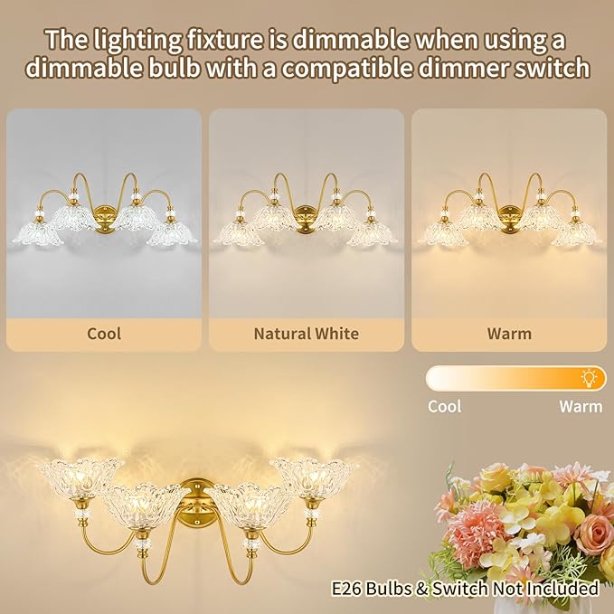 Gold Bathroom Vanity Light, 4-Light Brushed Gold Finish Vanity Light with Floral Clear Glass Shades, Vintage Wall Mount Lighting for Bathroom, Dressing Table