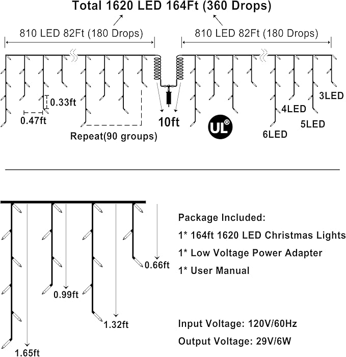 1620 LED Christmas Lights with 360 Drops,164ft 8 Modes Fairy Hanging String Lights with Timer Waterproof, Plug-in Hanging String Lights for Outdoor Holiday Wedding Party Christmas Decor (Blue)
