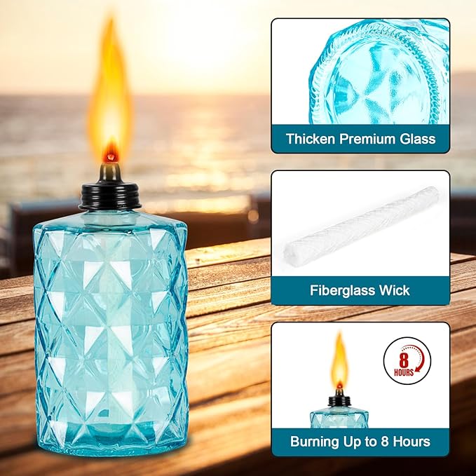 Glass Table Top Torch, Outdoor Torch Canisters 12 oz,Refill Canister with Wicks and Covers, Patio Metal Torch for Luau Party, DIY Garden Decor (4 Packs) (Multi-Color)