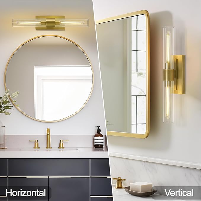 Brass Wall Sconces, 22.8" Bathroom Wall Sconce, Gold Wall Sconces Set of 2, 2-Light Dimmable Wall Sconce, Sconces Wall Lighting With Glass, Bathroom Vanity Light, Tube Sconce for Living Room, Hallway