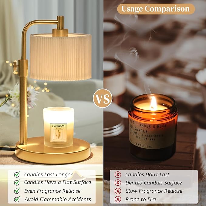 Candle Warmer Lamp, Candle Lamp Warmer with Timer Adjustable Height Wax Warmer Lamp for Jar Candles, Birthday Gifts for Women House Warming Gifts (Gold)