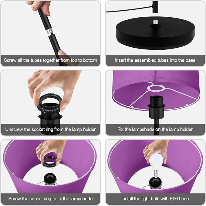Floor Lamp, Standing Lamp, Modern Stand Up Lamps with Purple Lampshade, 59" Tall, Foot Switch, Simple Living Room Decor for Kids Room, Girls Room, Den, Office - Black(NO Bulb,E26 Base)