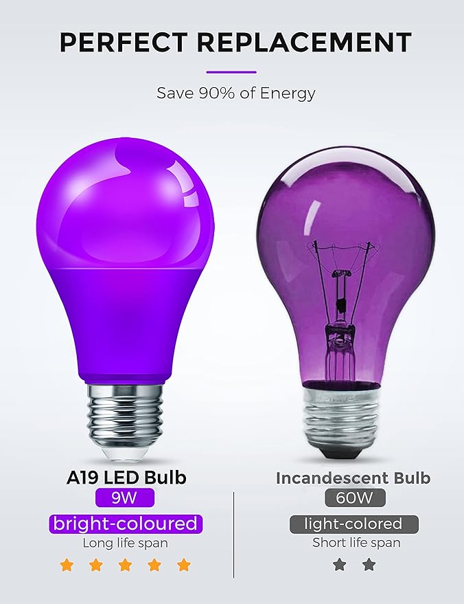 L LOHAS LED Halloween Purple LED Light Bulbs Outdoor, A19 9W(60W Equivalent) Purple Colored Light Bulb, E26 Base, Non-Dim, 4-Pack