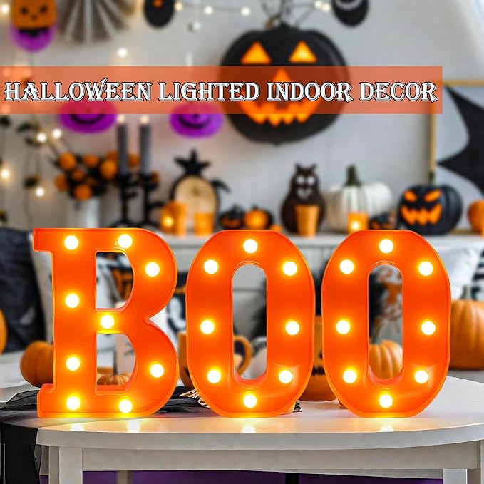 Halloween Decorations Indoor - Boo 3 Pack LED Light Up Hanging Letters Orange Boo Signs Light for Indoor Halloween Decor Home Table Party Wall Mantel Fireplace Bedroom, Warm White Lights