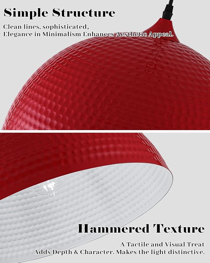 16 inch Red Pendant Light 2 Pack, Hammered Large Industrial Pendant Lights Kitchen Island, Oversive Red Dome Pendant Light for Kitchen Island, Dining Room, Bar