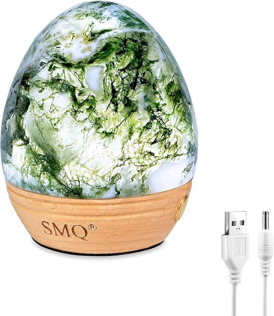SMQ Moss Agate Crystal Night Light with Rechargeable 2 Colors Touch Control Table Lamp with Wooden Base for Kids Adult Living Room Bedroom(Egg-Shape)