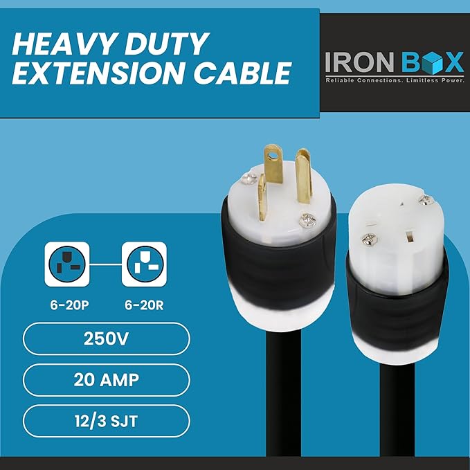 IronBox Electric - NEMA 6-20 Extension Cord - 12/3 SJT Jacket, 20A, 250V Extension Cable - Compatible w/Any Generator Equipped with a 6-20 Receptacle - Heavy Duty Cable(Custom Built,1 Foot)