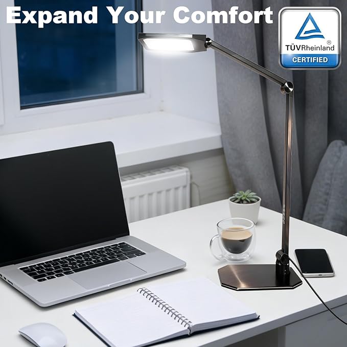 NS Eye-Caring LED Desk Lamp, 3 Color Temperature Dimmable Office Light with Memory Function & Timer, Adjustable Metal Clamp Lamp for Home Office, Reading, Studying.Batteries not Included.