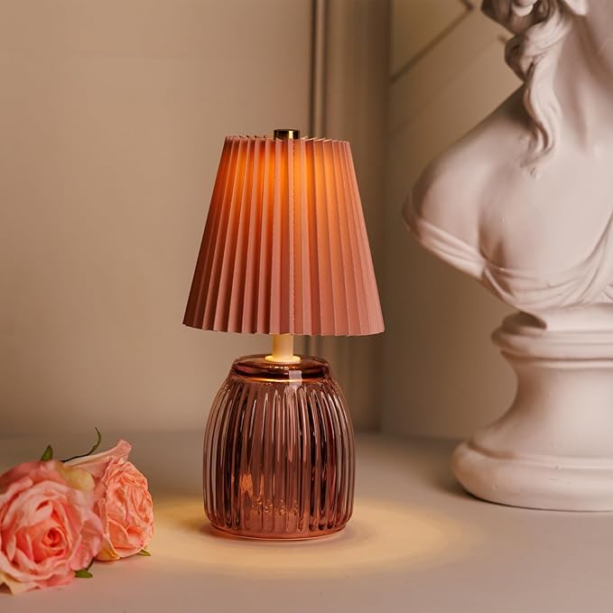 MJ PREMIER Small Battery Operated Lamp for Home Cordless Lamps with Timer 8.7 in High Battery Powered Pleated Lamp Emergency Small Lamps for Cozy Bedside Living Room Shelf Entryway Pink