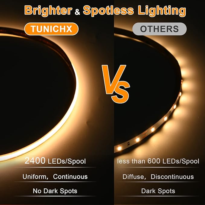 COB LED Strip Lights UL Listed DC 24V LED Lights Flexible Super Bright LED Strips,16.4ft 3000K Warm White,CRI 90+,2400LEDs High Density Uniform Light fo Home Room Décor