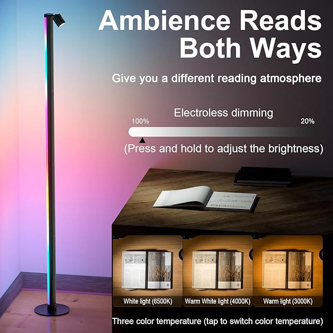Reading RGB&IC Floor Lamp, Smart LED Floor Lamp with Music Sync 1000 Lumens Main Light & 100 Lumens Independent Reading Light 16 Million DIY Colors Black Standing Lamp for Living Room or Bedroom