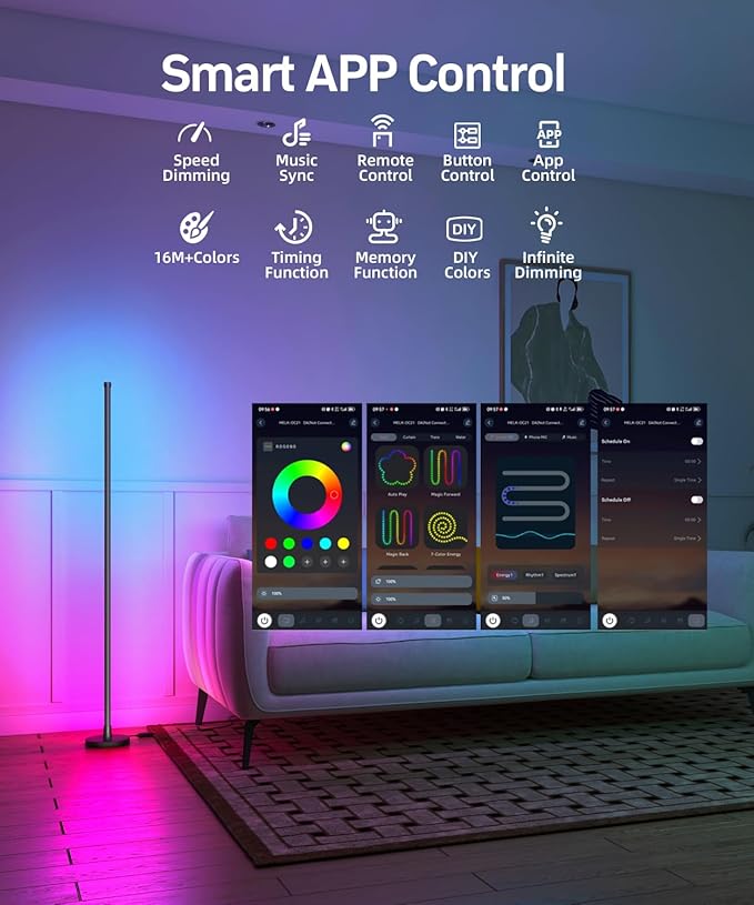 Smart RGB Corner Floor Lamp, LED Standing Lamp with Remote & App Control, Music Sync and Color Changing Ambient Lighting, Floor Lamps for Bedroom, Party and Living Room