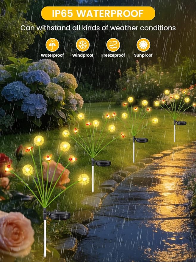 Solar Garden Lights Outdoor (10 Pack 80 LED), Solar Swaying Dandelion Bee Lights Waterproof, Cute Flower Pathway Lights for Yard Lawn Patio Decorations, 2 modes (Steady on, Slow Twinkle), Warm White