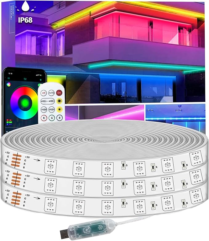 40FT RGB LED Strip Lights IP68 Outdoor Waterproof, 5V USB Powered, Music Sync Bluetooth APP/RF Remote Control Lights for Balcony,Deck,Camping,Garden,Bedroom Decor