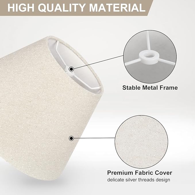 Small Lamp Shades Set of 2, Beige with Silver Thread Lamp Shade, 5.5" Top x 10" Bottom x 6.6" High, Glitter Linen Lamp Shades for Table Lamps Bedside Lamps, Spider, Bulb Clip Adapters Included
